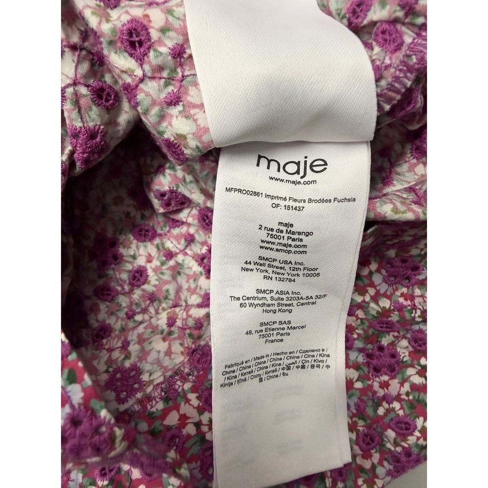 Maje Ryad Floral Puff Sleeve Ruched Mini Dress Fuchsia Pink Cotton Sz 38 US 6 - Picture 14 of 15